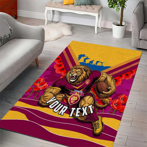 Personalised Brisbane Lions ANZAC Area Rug Military Remembrance Australian Football Mascot Camouflage
