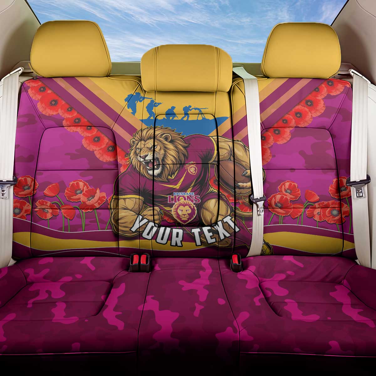 Personalised Brisbane Lions ANZAC Back Car Seat Cover Military Remembrance Australian Football Mascot Camouflage