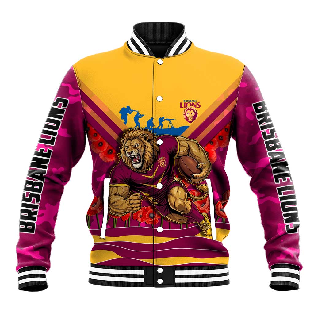 Personalised Brisbane Lions ANZAC Baseball Jacket Military Remembrance Australian Football Mascot Camouflage