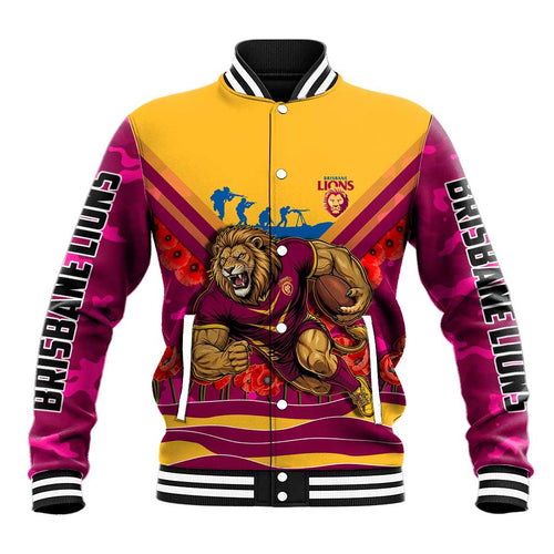 Personalised Brisbane Lions ANZAC Baseball Jacket Military Remembrance Australian Football Mascot Camouflage
