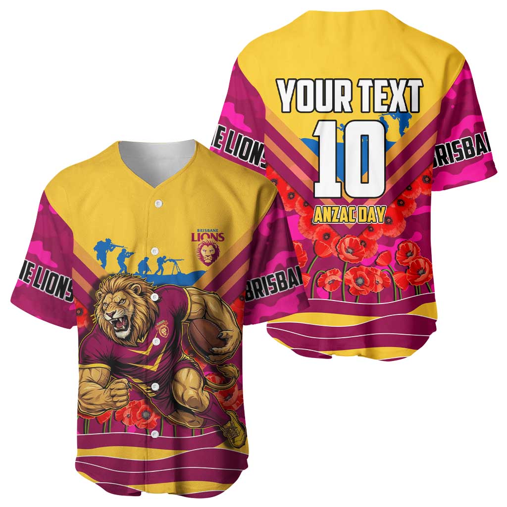 Personalised Brisbane Lions ANZAC Baseball Jersey Military Remembrance Australian Football Mascot Camouflage