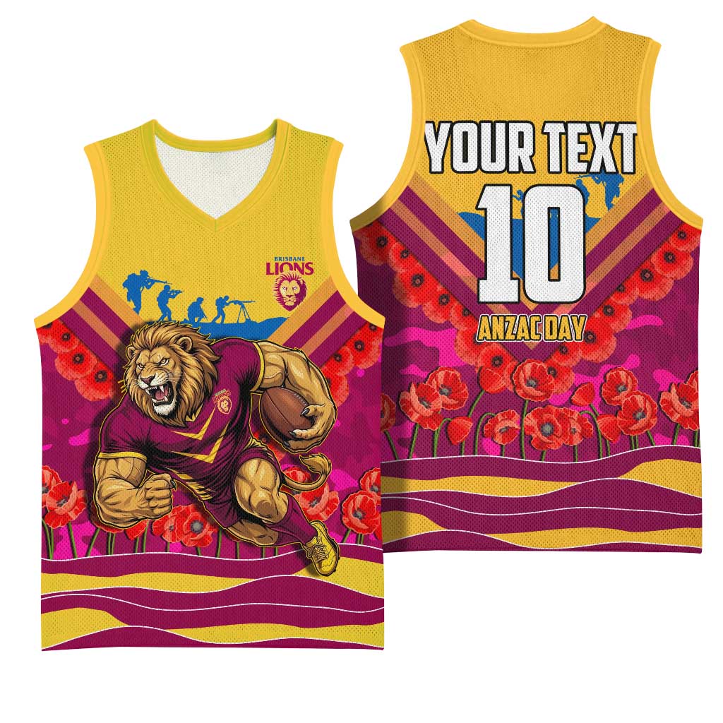Personalised Brisbane Lions ANZAC Basketball Jersey Military Remembrance Australian Football Mascot Camouflage
