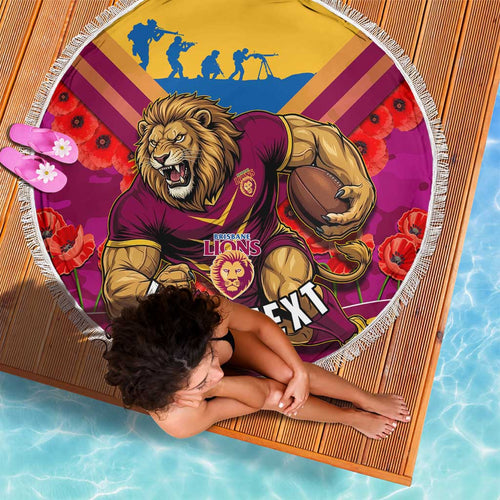 Personalised Brisbane Lions ANZAC Beach Blanket Military Remembrance Australian Football Mascot Camouflage