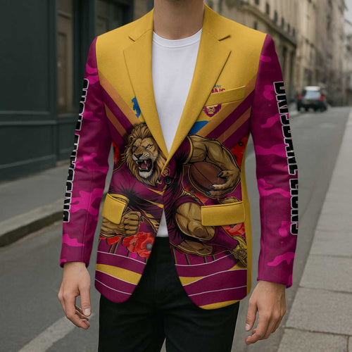 Personalised Brisbane Lions ANZAC Blazer Military Remembrance Australian Football Mascot Camouflage