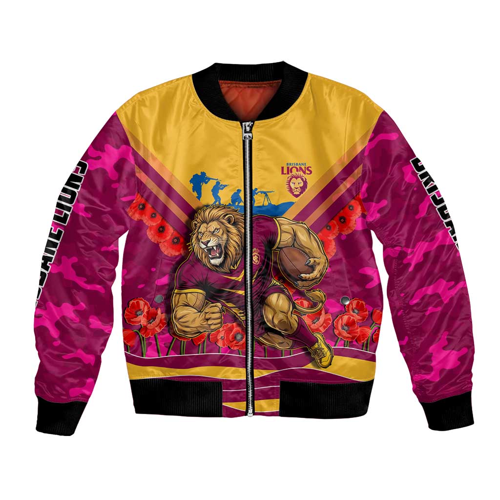 Personalised Brisbane Lions ANZAC Bomber Jacket Military Remembrance Australian Football Mascot Camouflage