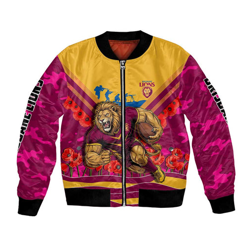 Personalised Brisbane Lions ANZAC Bomber Jacket Military Remembrance Australian Football Mascot Camouflage