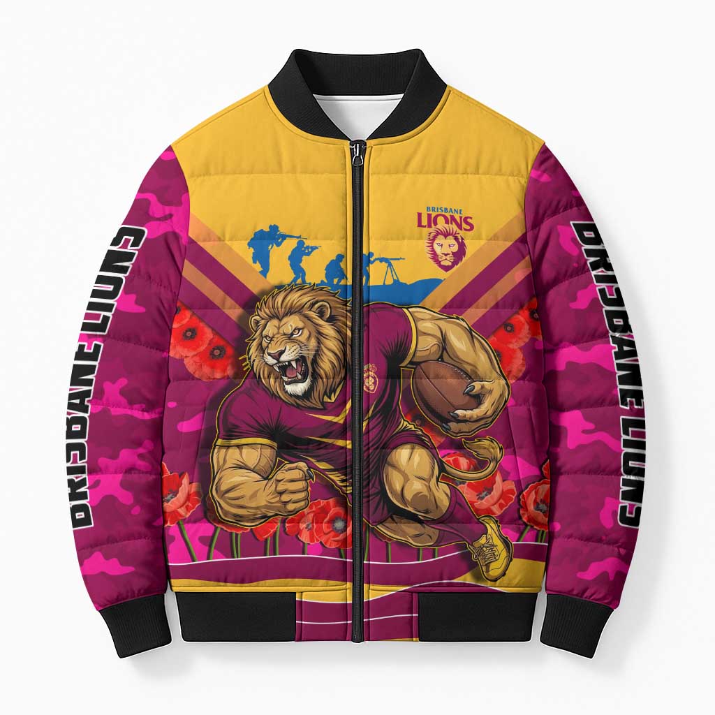 Personalised Brisbane Lions ANZAC Bomber Puffer Jacket Military Remembrance Australian Football Mascot Camouflage