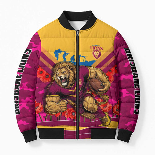 Personalised Brisbane Lions ANZAC Bomber Puffer Jacket Military Remembrance Australian Football Mascot Camouflage