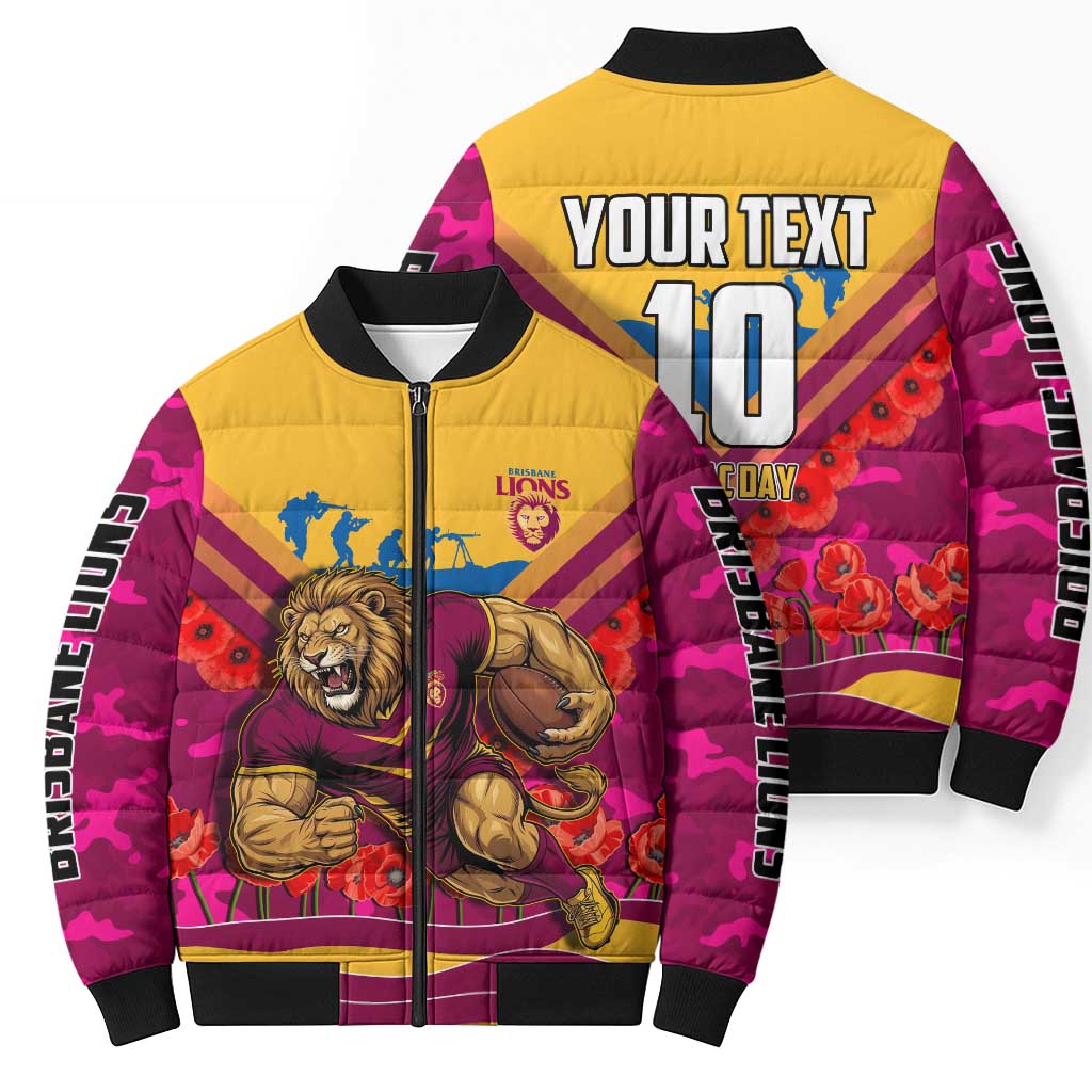 Personalised Brisbane Lions ANZAC Bomber Puffer Jacket Military Remembrance Australian Football Mascot Camouflage