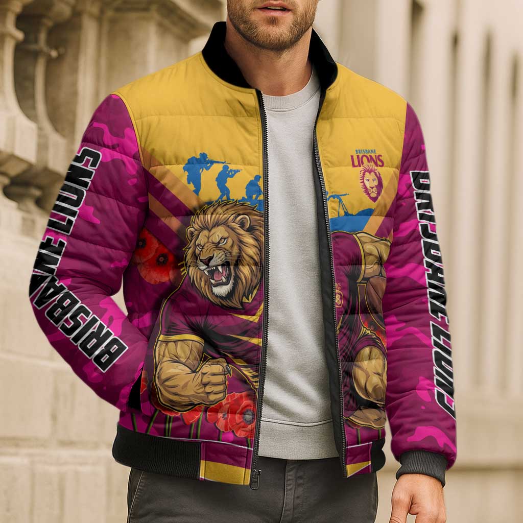Personalised Brisbane Lions ANZAC Bomber Puffer Jacket Military Remembrance Australian Football Mascot Camouflage