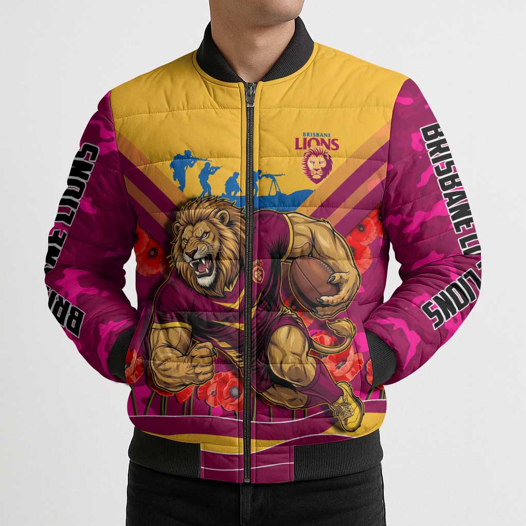 Personalised Brisbane Lions ANZAC Bomber Puffer Jacket Military Remembrance Australian Football Mascot Camouflage