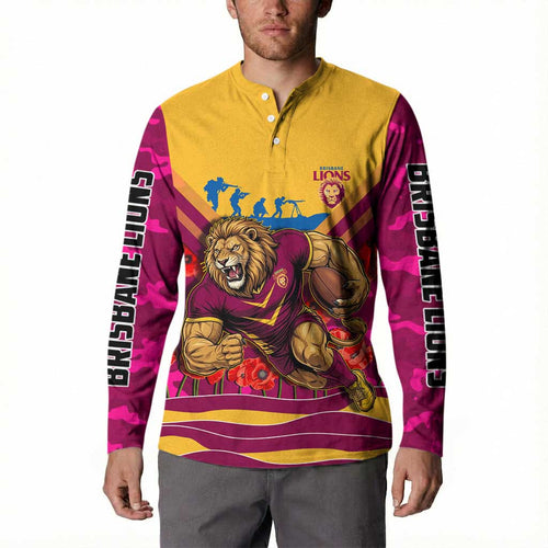 Personalised Brisbane Lions ANZAC Button Sweatshirt Military Remembrance Australian Football Mascot Camouflage