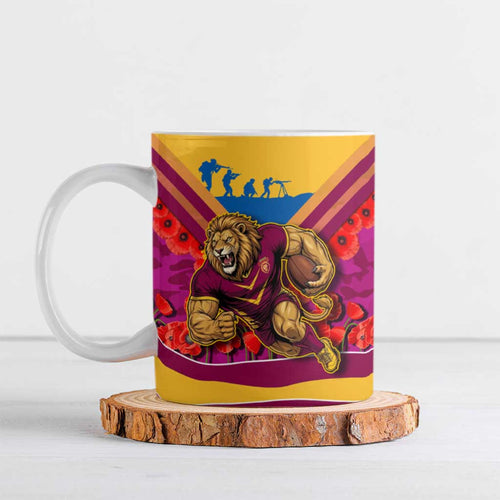 Personalised Brisbane Lions ANZAC Ceramic Mug Military Remembrance Australian Football Mascot Camouflage