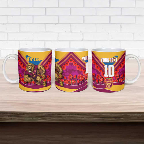 Personalised Brisbane Lions ANZAC Ceramic Mug Military Remembrance Australian Football Mascot Camouflage