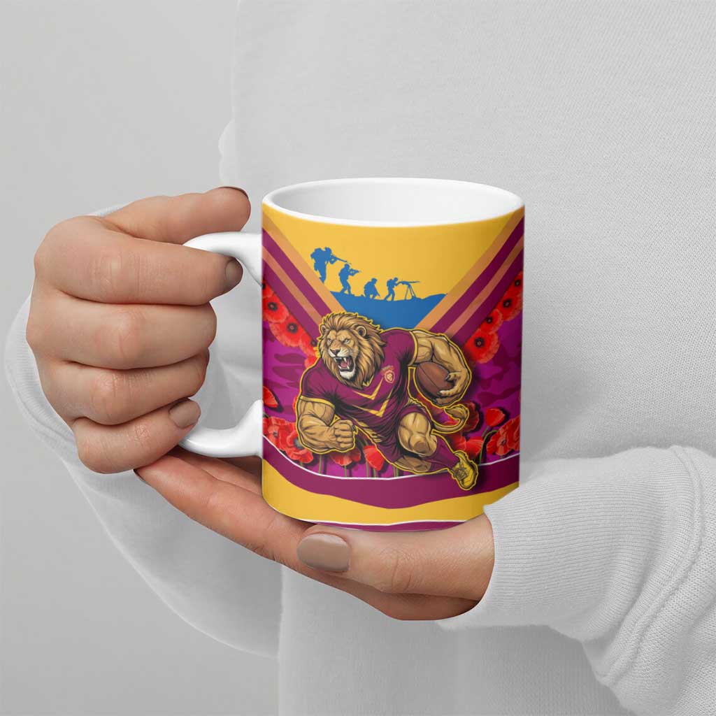 Personalised Brisbane Lions ANZAC Ceramic Mug Military Remembrance Australian Football Mascot Camouflage