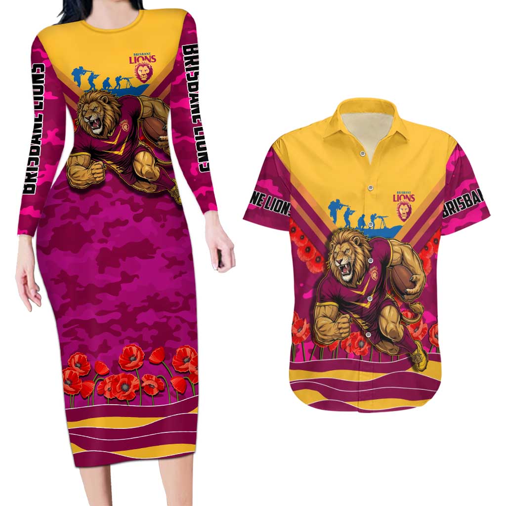 Personalised Brisbane Lions ANZAC Couples Matching Long Sleeve Bodycon Dress and Hawaiian Shirt Military Remembrance Australian Football Mascot Camouflage