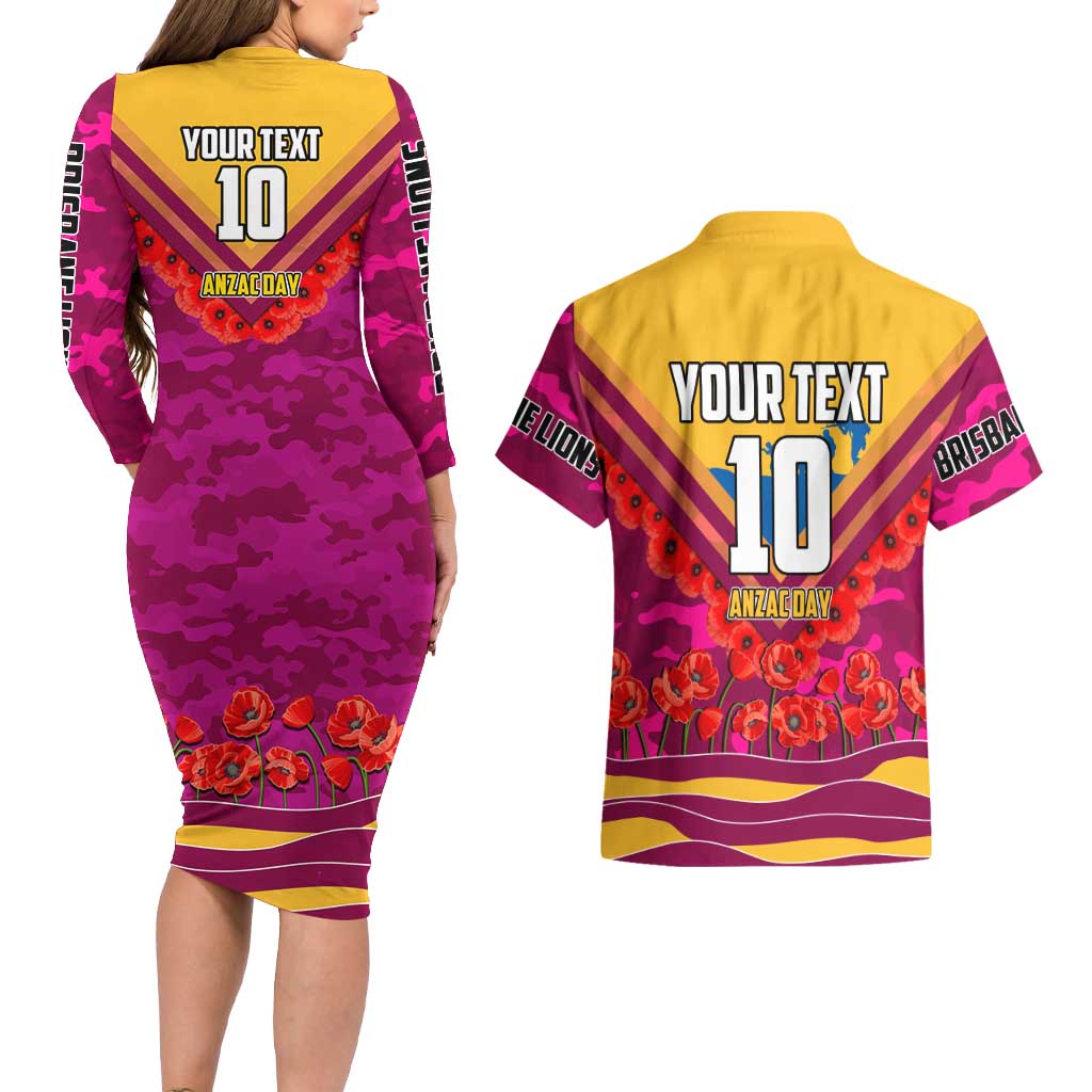 Personalised Brisbane Lions ANZAC Couples Matching Long Sleeve Bodycon Dress and Hawaiian Shirt Military Remembrance Australian Football Mascot Camouflage