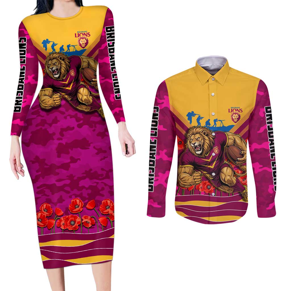 Personalised Brisbane Lions ANZAC Couples Matching Long Sleeve Bodycon Dress and Long Sleeve Button Shirt Military Remembrance Australian Football Mascot Camouflage