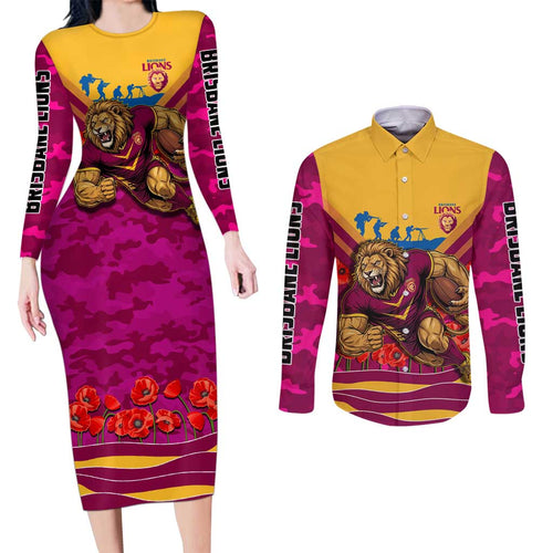 Personalised Brisbane Lions ANZAC Couples Matching Long Sleeve Bodycon Dress and Long Sleeve Button Shirt Military Remembrance Australian Football Mascot Camouflage