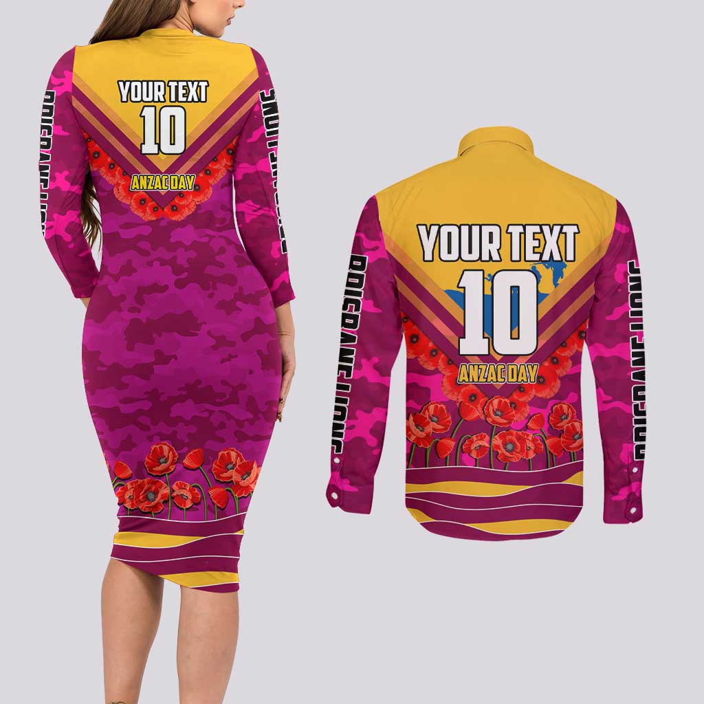 Personalised Brisbane Lions ANZAC Couples Matching Long Sleeve Bodycon Dress and Long Sleeve Button Shirt Military Remembrance Australian Football Mascot Camouflage