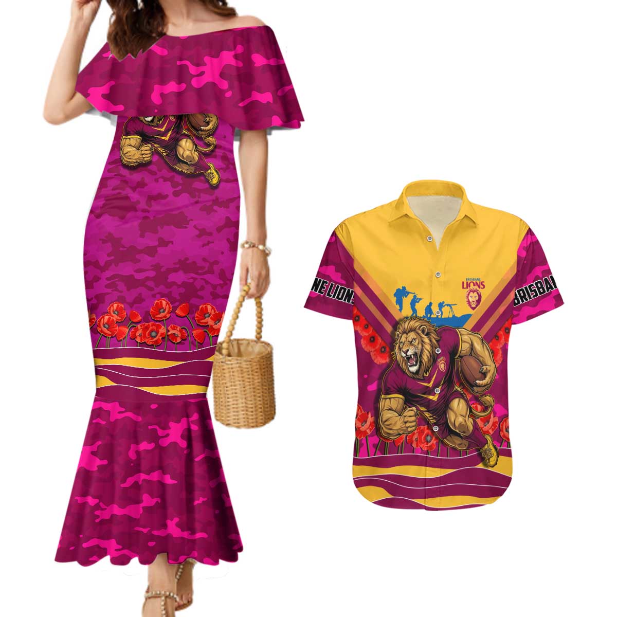 Personalised Brisbane Lions ANZAC Couples Matching Mermaid Dress and Hawaiian Shirt Military Remembrance Australian Football Mascot Camouflage