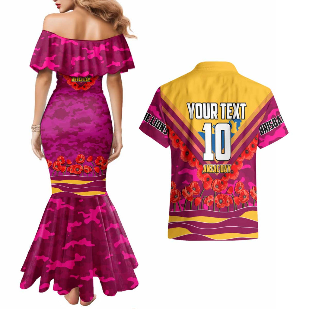 Personalised Brisbane Lions ANZAC Couples Matching Mermaid Dress and Hawaiian Shirt Military Remembrance Australian Football Mascot Camouflage