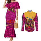 Personalised Brisbane Lions ANZAC Couples Matching Mermaid Dress and Long Sleeve Button Shirt Military Remembrance Australian Football Mascot Camouflage