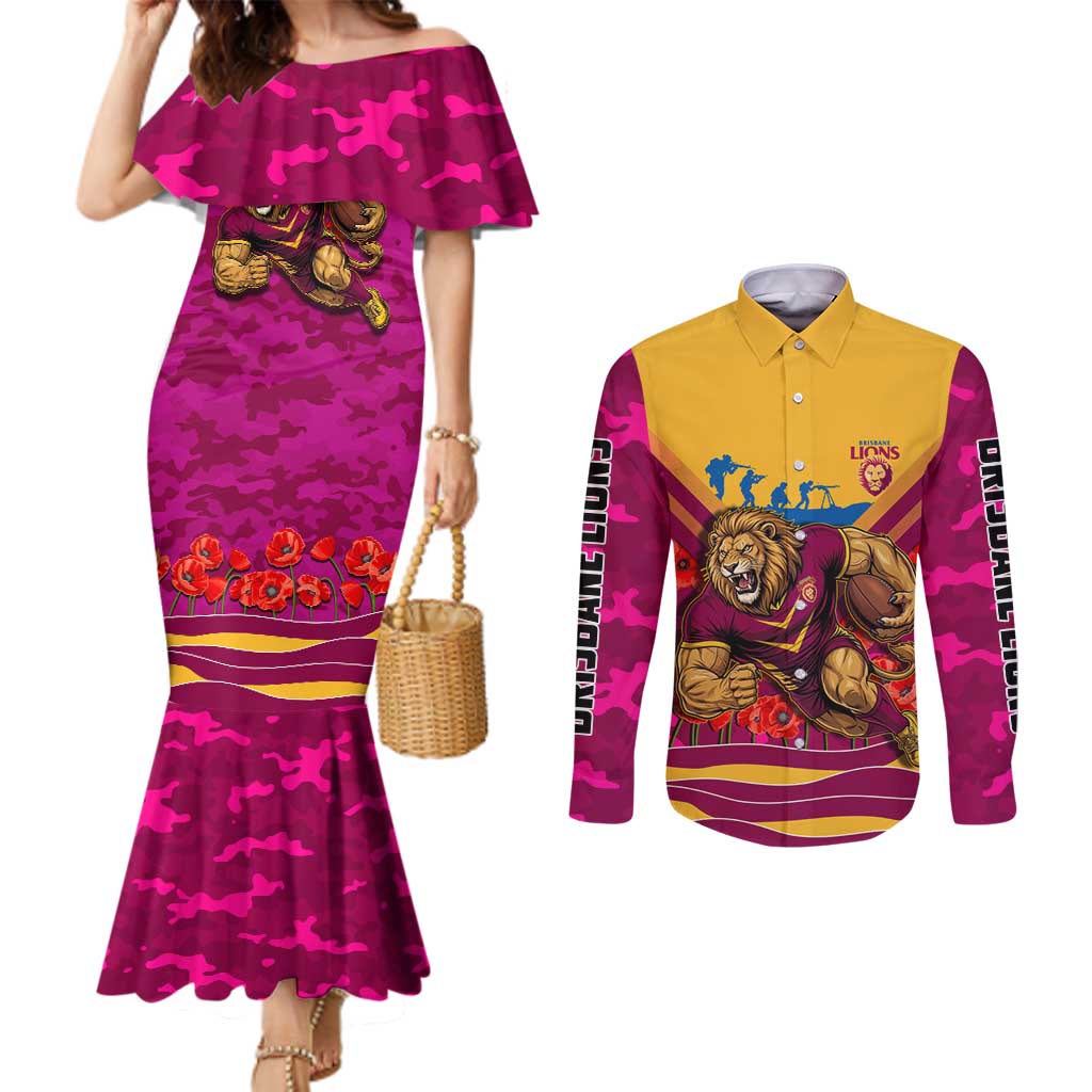 Personalised Brisbane Lions ANZAC Couples Matching Mermaid Dress and Long Sleeve Button Shirt Military Remembrance Australian Football Mascot Camouflage