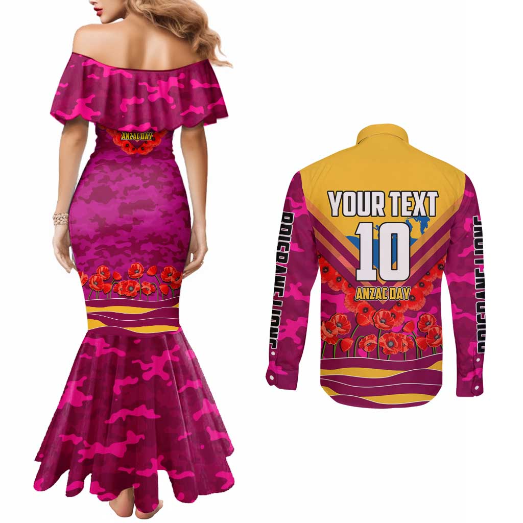 Personalised Brisbane Lions ANZAC Couples Matching Mermaid Dress and Long Sleeve Button Shirt Military Remembrance Australian Football Mascot Camouflage