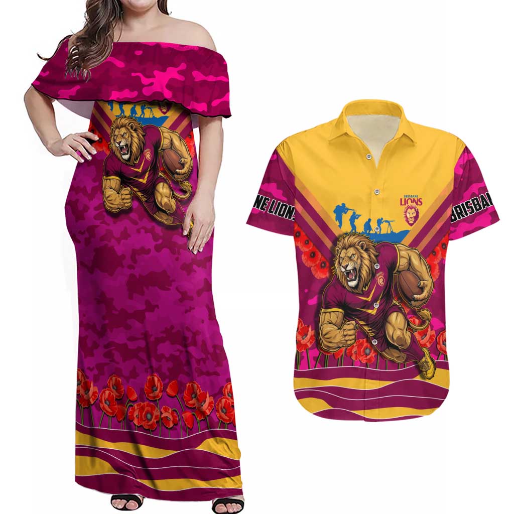 Personalised Brisbane Lions ANZAC Couples Matching Off Shoulder Maxi Dress and Hawaiian Shirt Military Remembrance Australian Football Mascot Camouflage