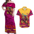 Personalised Brisbane Lions ANZAC Couples Matching Off Shoulder Maxi Dress and Hawaiian Shirt Military Remembrance Australian Football Mascot Camouflage