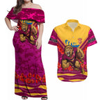 Personalised Brisbane Lions ANZAC Couples Matching Off Shoulder Maxi Dress and Hawaiian Shirt Military Remembrance Australian Football Mascot Camouflage