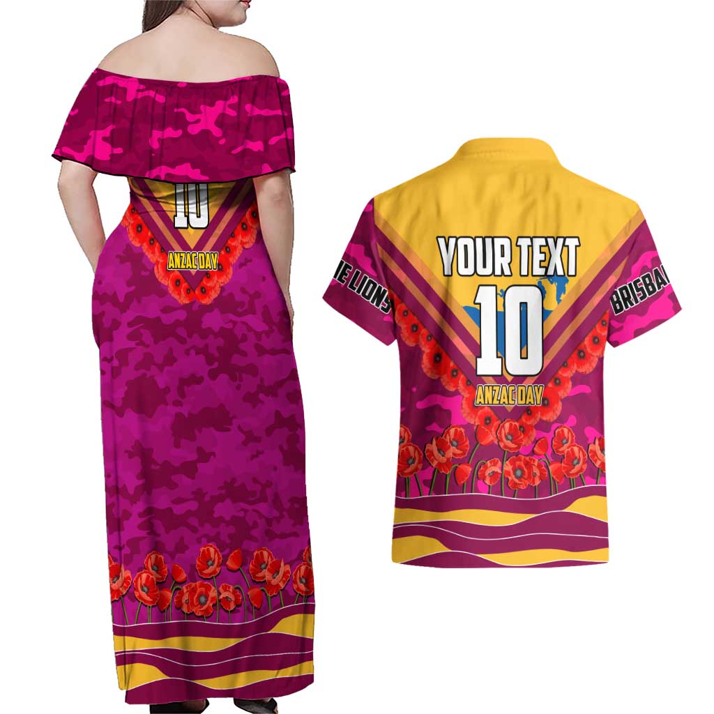 Personalised Brisbane Lions ANZAC Couples Matching Off Shoulder Maxi Dress and Hawaiian Shirt Military Remembrance Australian Football Mascot Camouflage