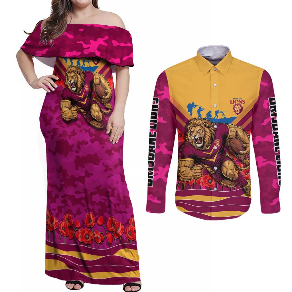 Personalised Brisbane Lions ANZAC Couples Matching Off Shoulder Maxi Dress and Long Sleeve Button Shirt Military Remembrance Australian Football Mascot Camouflage
