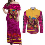 Personalised Brisbane Lions ANZAC Couples Matching Off Shoulder Maxi Dress and Long Sleeve Button Shirt Military Remembrance Australian Football Mascot Camouflage