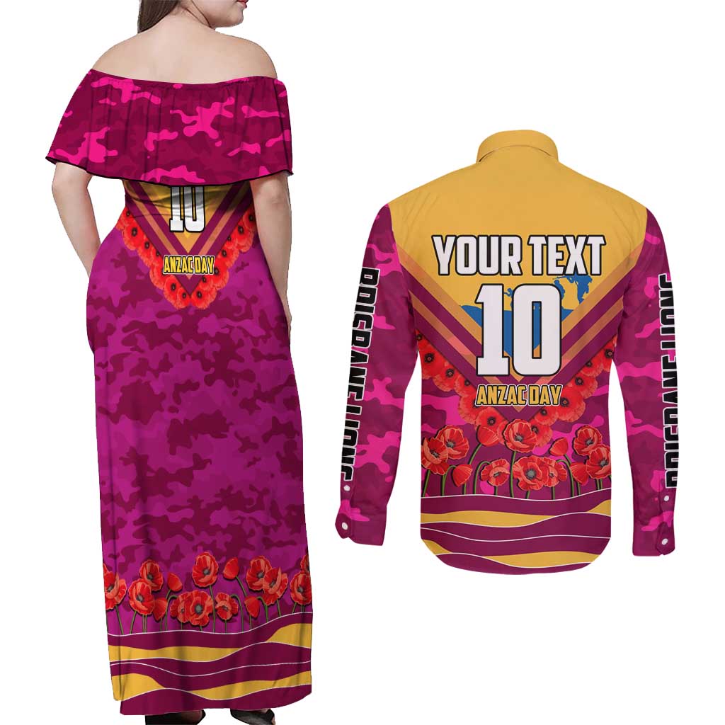 Personalised Brisbane Lions ANZAC Couples Matching Off Shoulder Maxi Dress and Long Sleeve Button Shirt Military Remembrance Australian Football Mascot Camouflage