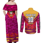 Personalised Brisbane Lions ANZAC Couples Matching Off Shoulder Maxi Dress and Long Sleeve Button Shirt Military Remembrance Australian Football Mascot Camouflage