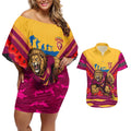 Personalised Brisbane Lions ANZAC Couples Matching Off Shoulder Short Dress and Hawaiian Shirt Military Remembrance Australian Football Mascot Camouflage