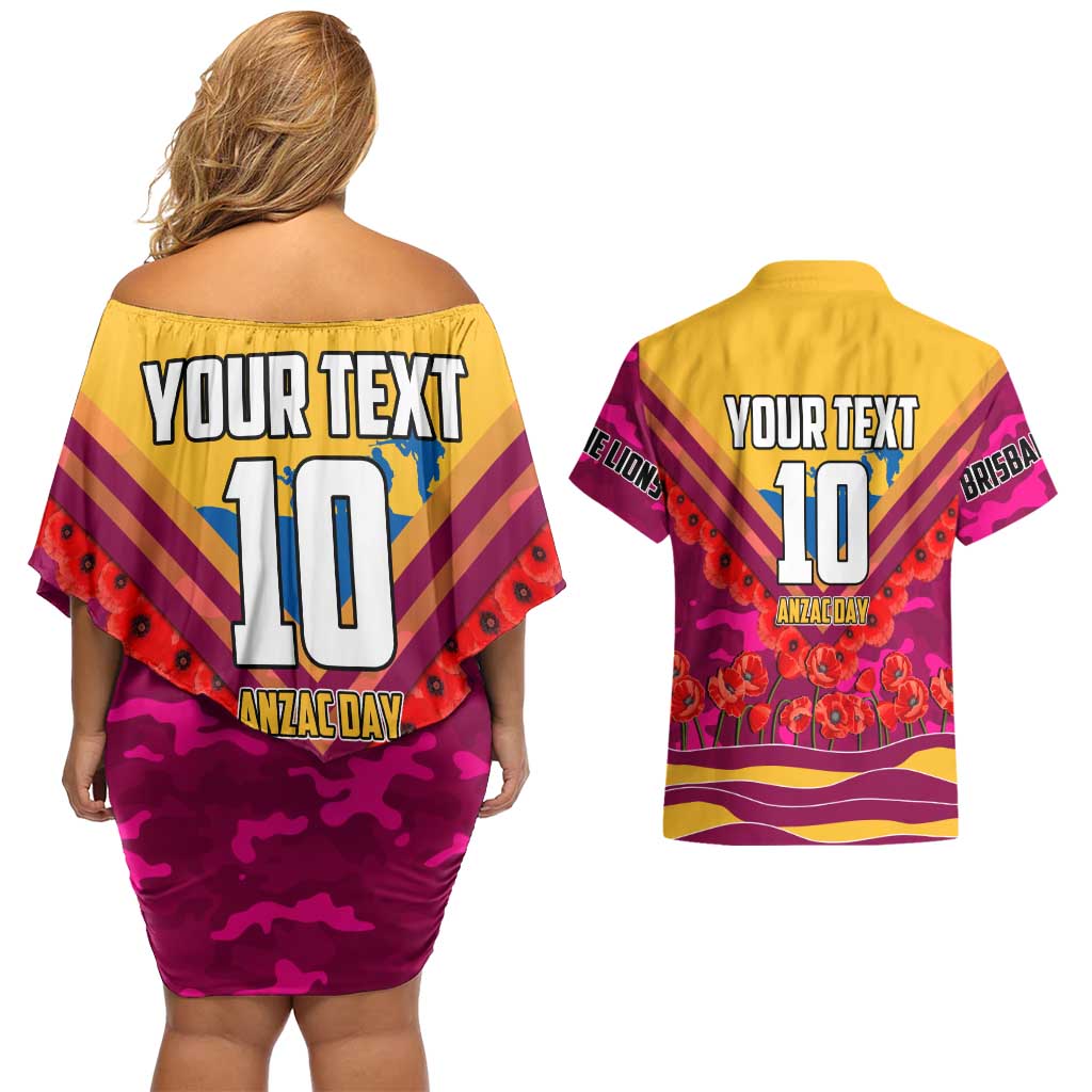 Personalised Brisbane Lions ANZAC Couples Matching Off Shoulder Short Dress and Hawaiian Shirt Military Remembrance Australian Football Mascot Camouflage