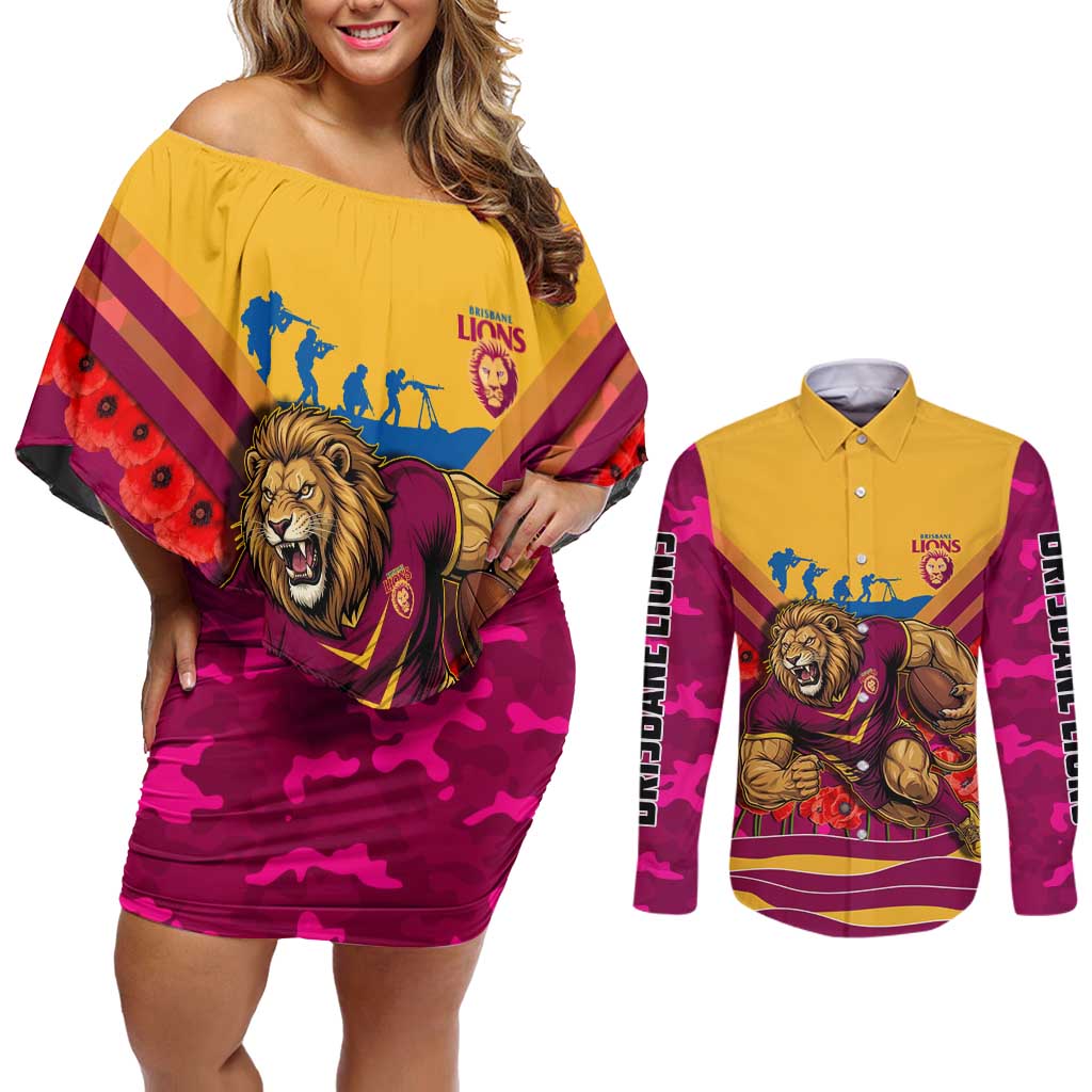 Personalised Brisbane Lions ANZAC Couples Matching Off Shoulder Short Dress and Long Sleeve Button Shirt Military Remembrance Australian Football Mascot Camouflage