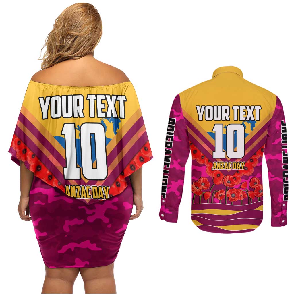 Personalised Brisbane Lions ANZAC Couples Matching Off Shoulder Short Dress and Long Sleeve Button Shirt Military Remembrance Australian Football Mascot Camouflage