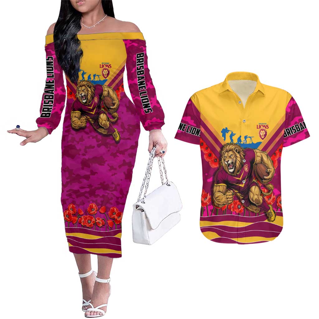 Personalised Brisbane Lions ANZAC Couples Matching Off The Shoulder Long Sleeve Dress and Hawaiian Shirt Military Remembrance Australian Football Mascot Camouflage