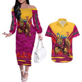 Personalised Brisbane Lions ANZAC Couples Matching Off The Shoulder Long Sleeve Dress and Hawaiian Shirt Military Remembrance Australian Football Mascot Camouflage