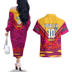 Personalised Brisbane Lions ANZAC Couples Matching Off The Shoulder Long Sleeve Dress and Hawaiian Shirt Military Remembrance Australian Football Mascot Camouflage