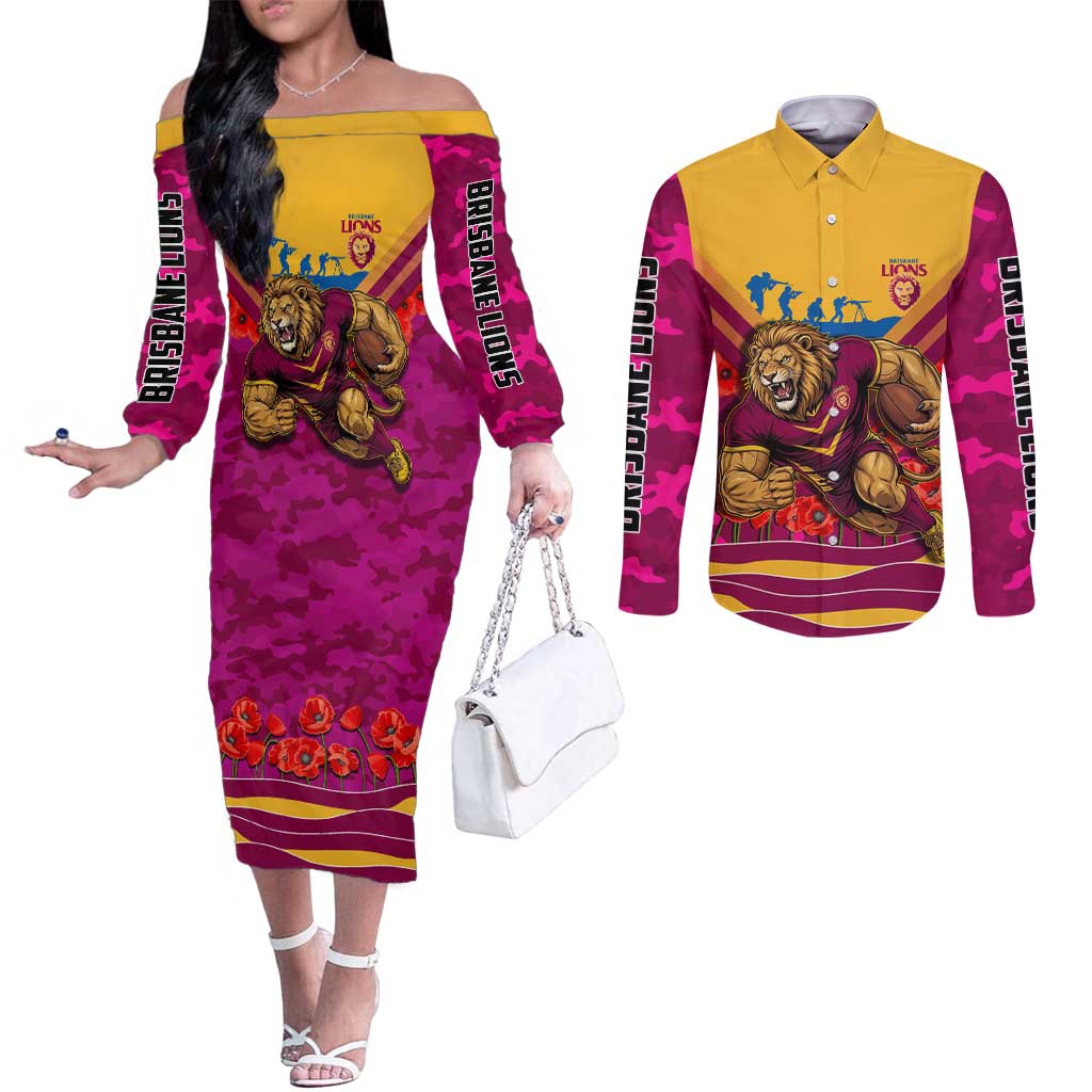 Personalised Brisbane Lions ANZAC Couples Matching Off The Shoulder Long Sleeve Dress and Long Sleeve Button Shirt Military Remembrance Australian Football Mascot Camouflage