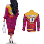 Personalised Brisbane Lions ANZAC Couples Matching Off The Shoulder Long Sleeve Dress and Long Sleeve Button Shirt Military Remembrance Australian Football Mascot Camouflage