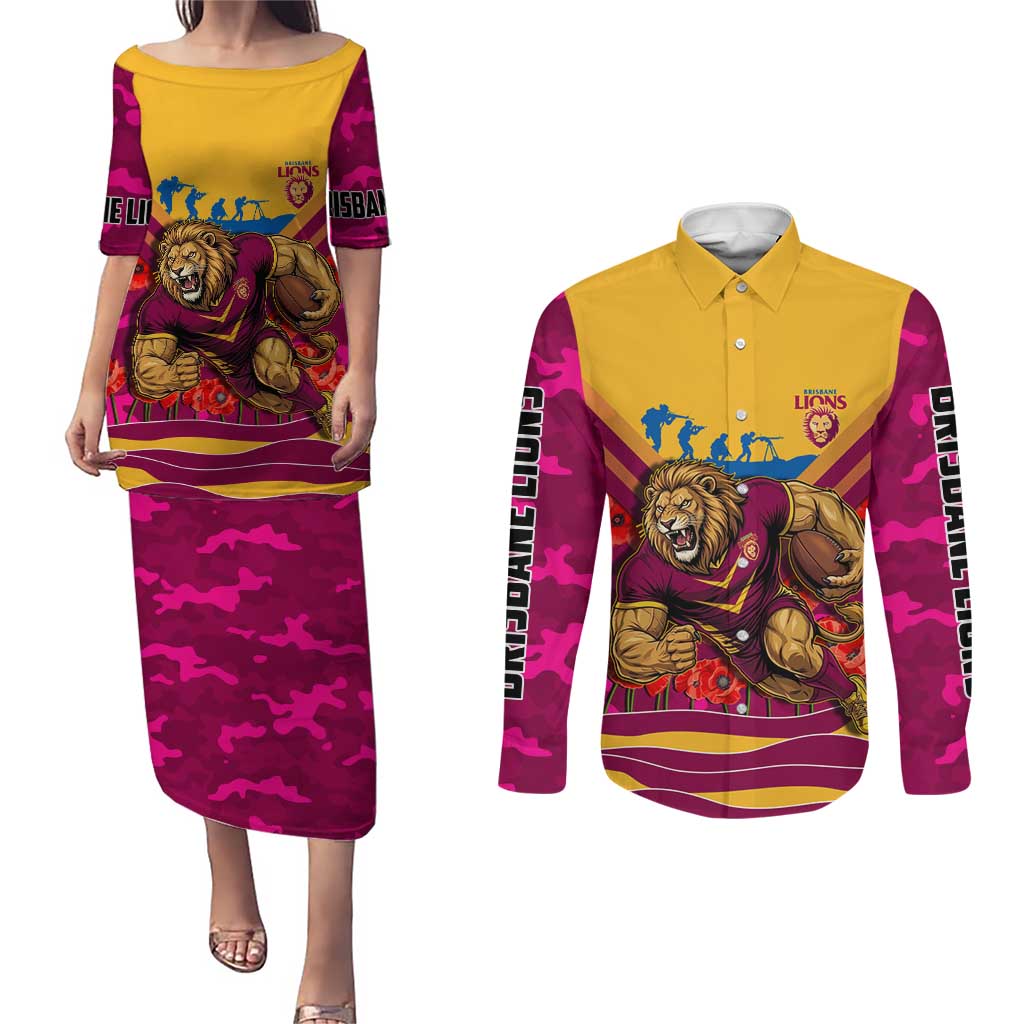 Personalised Brisbane Lions ANZAC Couples Matching Puletasi and Long Sleeve Button Shirt Military Remembrance Australian Football Mascot Camouflage