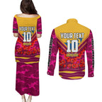 Personalised Brisbane Lions ANZAC Couples Matching Puletasi and Long Sleeve Button Shirt Military Remembrance Australian Football Mascot Camouflage