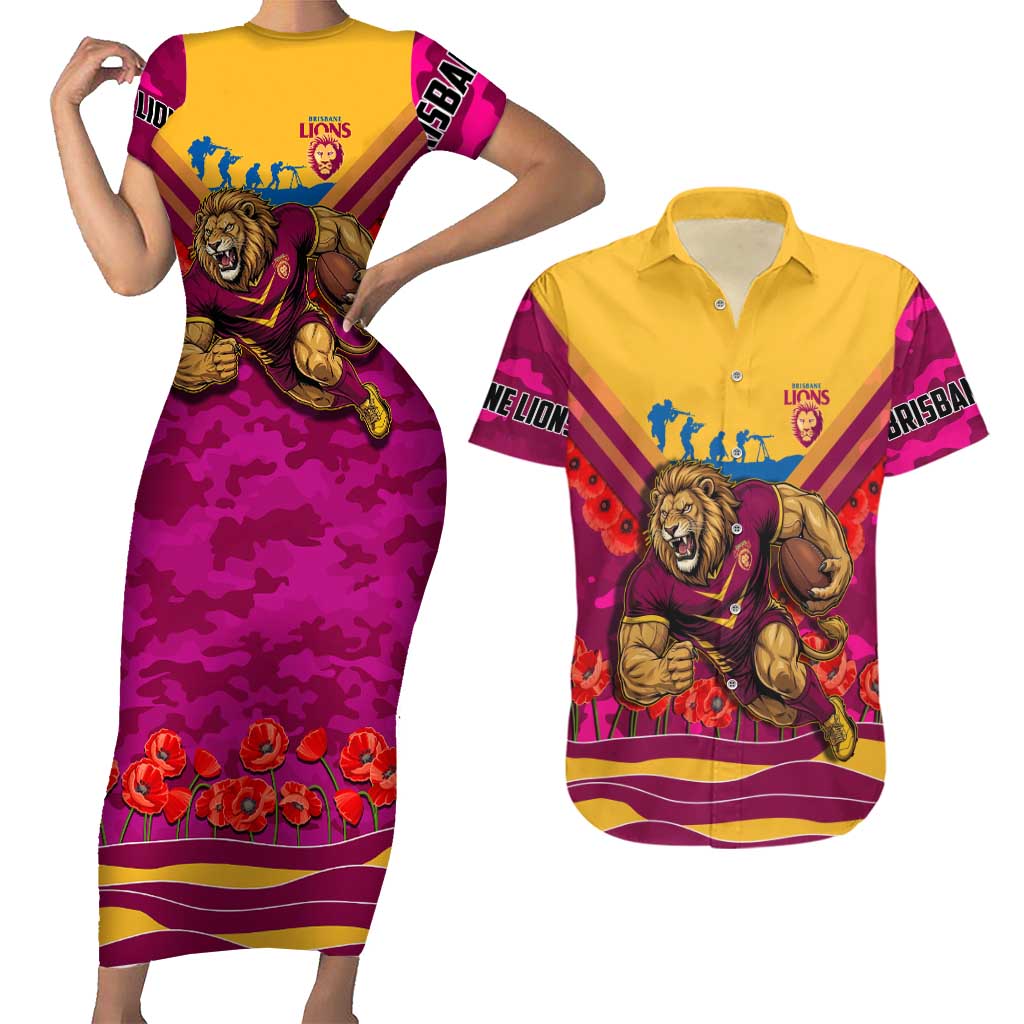 Personalised Brisbane Lions ANZAC Couples Matching Short Sleeve Bodycon Dress and Hawaiian Shirt Military Remembrance Australian Football Mascot Camouflage
