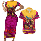 Personalised Brisbane Lions ANZAC Couples Matching Short Sleeve Bodycon Dress and Hawaiian Shirt Military Remembrance Australian Football Mascot Camouflage